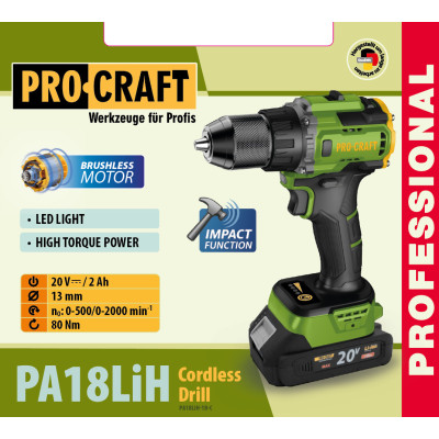 Шуруповерт Procraft PA18LiH з ударом (1 акб і зп)