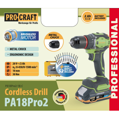 Шуруповерт Procraft PA18Pro2 (з 1 АКБ 2Аг) набір біт